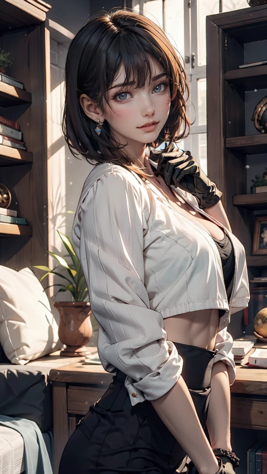 girl, Brown Hair, Bob Haircut, With bangs, A purple snow jacket with a green sweater inside, With hands together, A little serious expression, Big eyes,  White gloves, blue eyes,Sexy proportionature female body、Narrow waist、Her hair color is a gradation from brown to orange.、Scrunchies on the wrist、Sexy proportions、