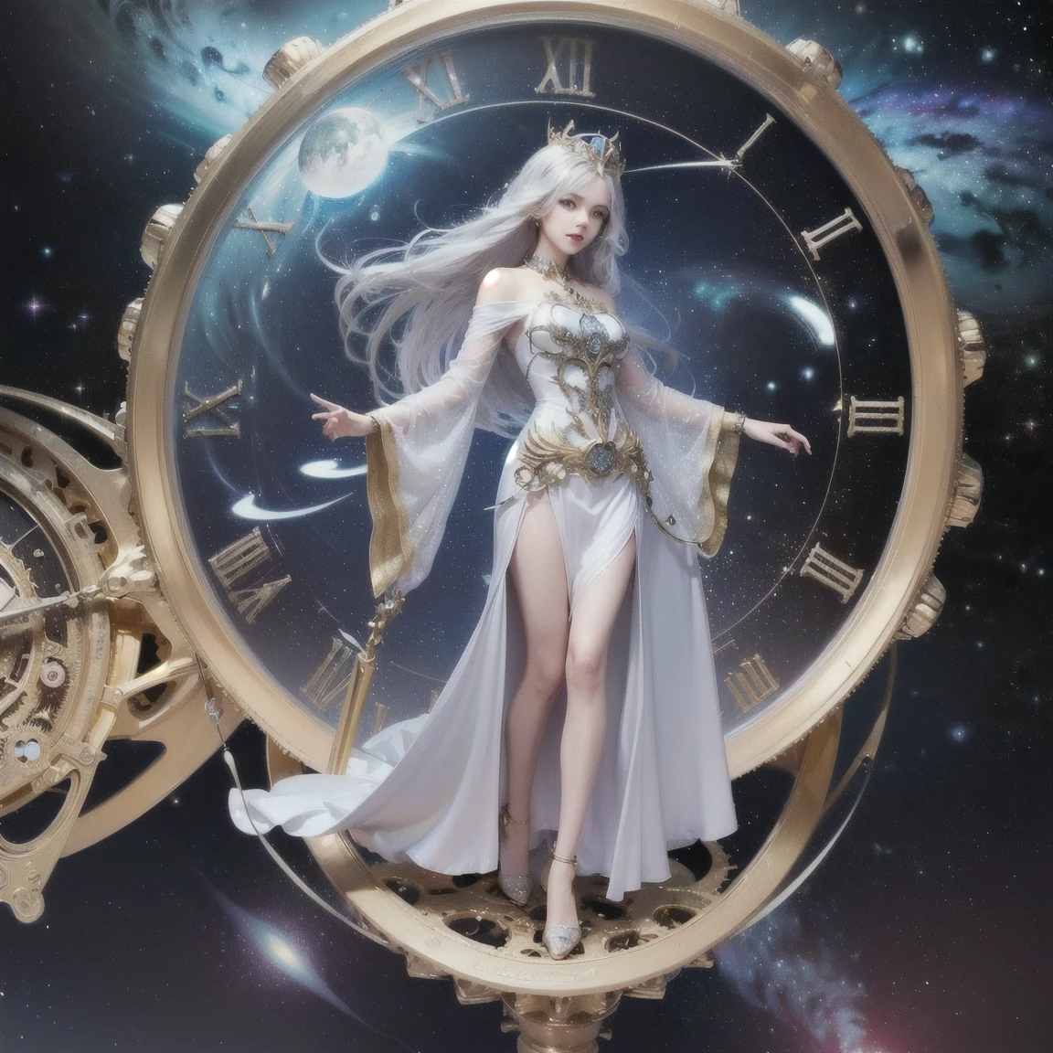(Time Goddess:1.2) (ethereal presence:1.1) (flowing silver hair:1.1) (glowing blue eyes:1.1) (ancient clock motifs:1.2) (cosmic background:1.3) (golden gears and cogs:1.3) (shimmering robe:1.2) (celestial patterns:1.1) (delicate silver jewelry:1.1) (radiant in dark cosmos:1.4) (fantasy art:1.3) (hourglass in hand:1.3) (floating timepieces:1.3) (depth and dimension:1.3) (divine energy:1.2) (radiating wisdom and power:1.3) (hyper-realistic:1.2) (detailed textures:1.2) (exquisite lighting:1.2) (standing tall:1.3) (solemn and timeless:1.3) (full body height 2/3 of image:1.2)