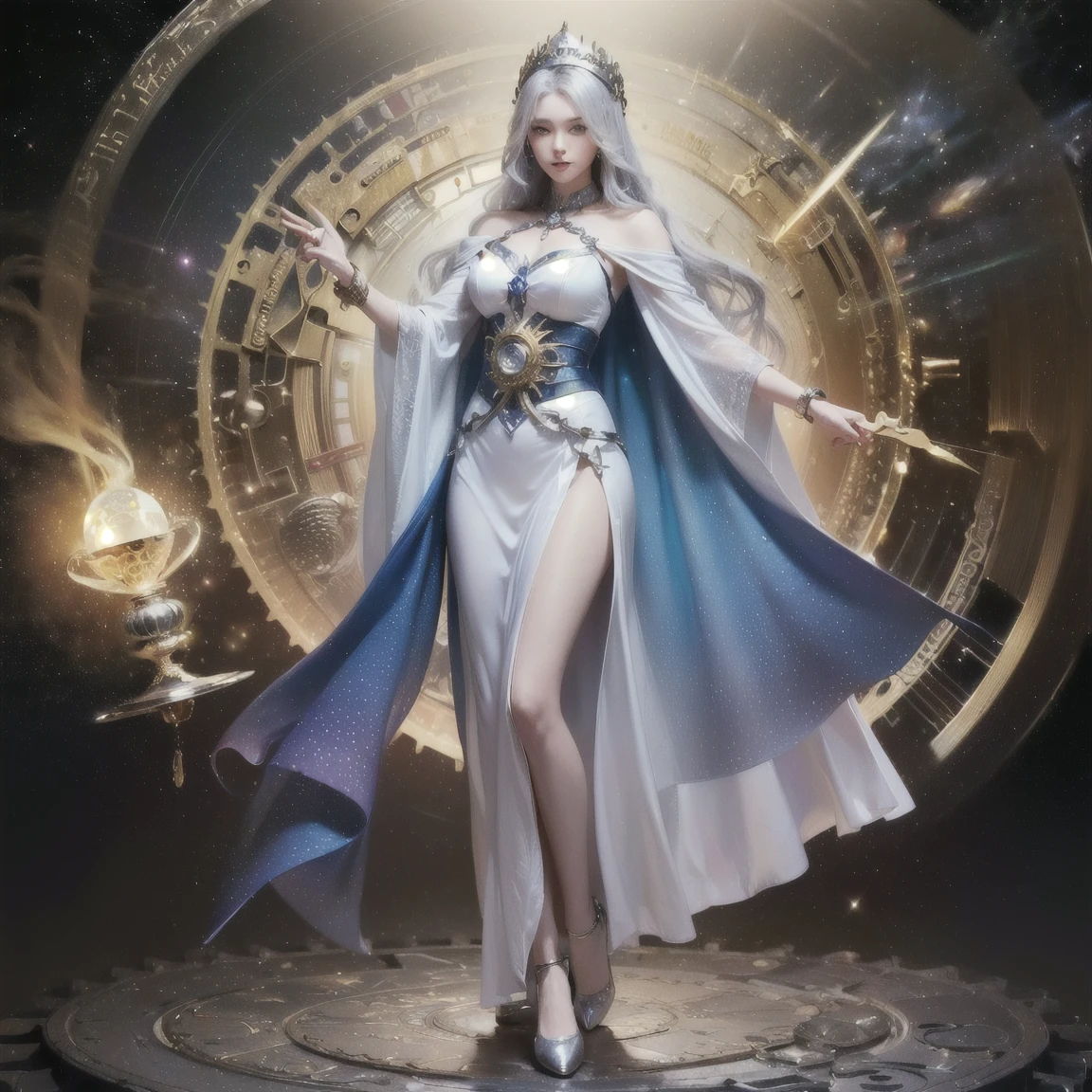 (Time Goddess:1.2) (ethereal presence:1.1) (flowing silver hair:1.1) (glowing blue eyes:1.1) (ancient clock motifs:1.2) (cosmic background:1.3) (golden gears and cogs:1.3) (shimmering robe:1.2) (celestial patterns:1.1) (delicate silver jewelry:1.1) (radiant in dark cosmos:1.4) (fantasy art:1.3) (hourglass in hand:1.3) (floating timepieces:1.3) (depth and dimension:1.3) (divine energy:1.2) (radiating wisdom and power:1.3) (hyper-realistic:1.2) (detailed textures:1.2) (exquisite lighting:1.2) (standing tall:1.3) (solemn and timeless:1.3) (full body height 2/3 of image:1.2)