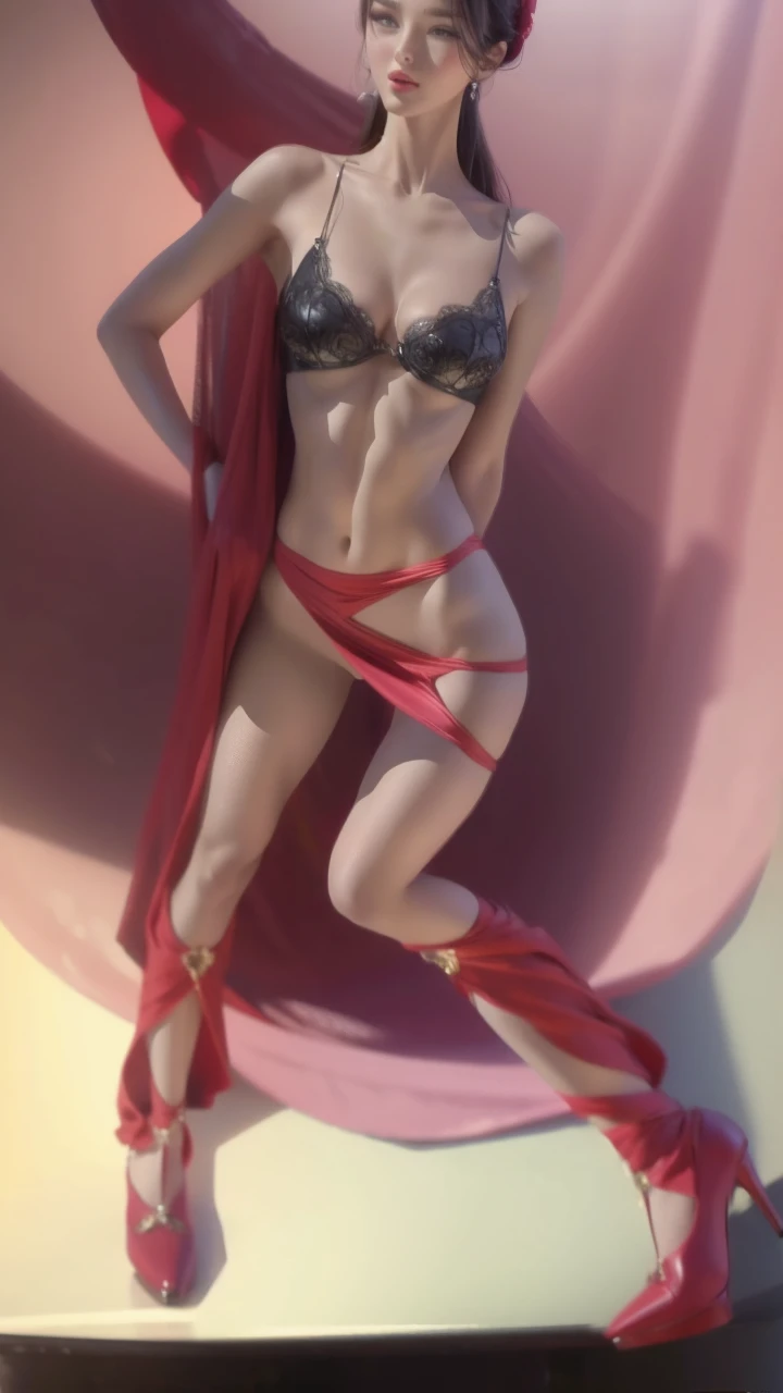 a gorgeous woman with sakimichan style body, very detailed high heels, long beautiful legs, flawless skin, beautiful detailed eyes, beautiful detailed lips, extremely detailed face, longeyelashes, graceful pose, high contrast lighting, (best quality,4k,8k,highres,masterpiece:1.2),ultra-detailed,(realistic,photorealistic,photo-realistic:1.37),HDR,studio lighting,professional,vivid colors,bokeh