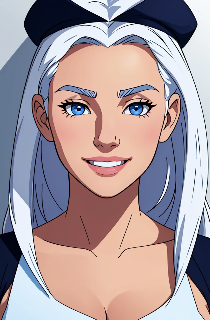 face of an 18 year old girl, with navy blue eyes, white hair, beautiful, ultra detailed, just the face, highest resolution possible, smiling