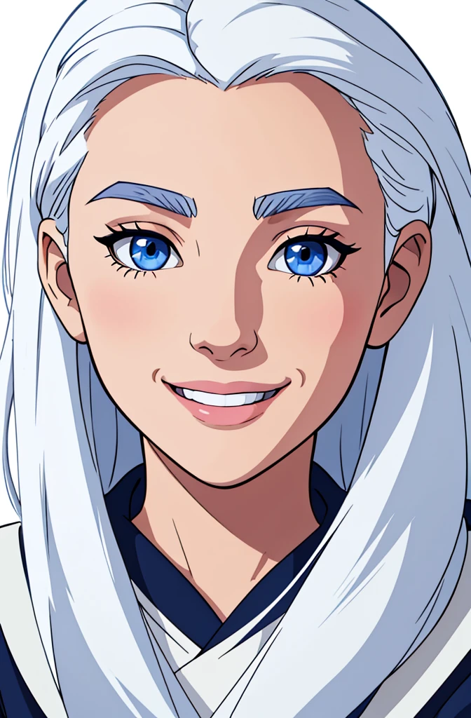 face of an 18 year old girl, with navy blue eyes, white hair, beautiful, ultra detailed, just the face, highest resolution possible, smiling