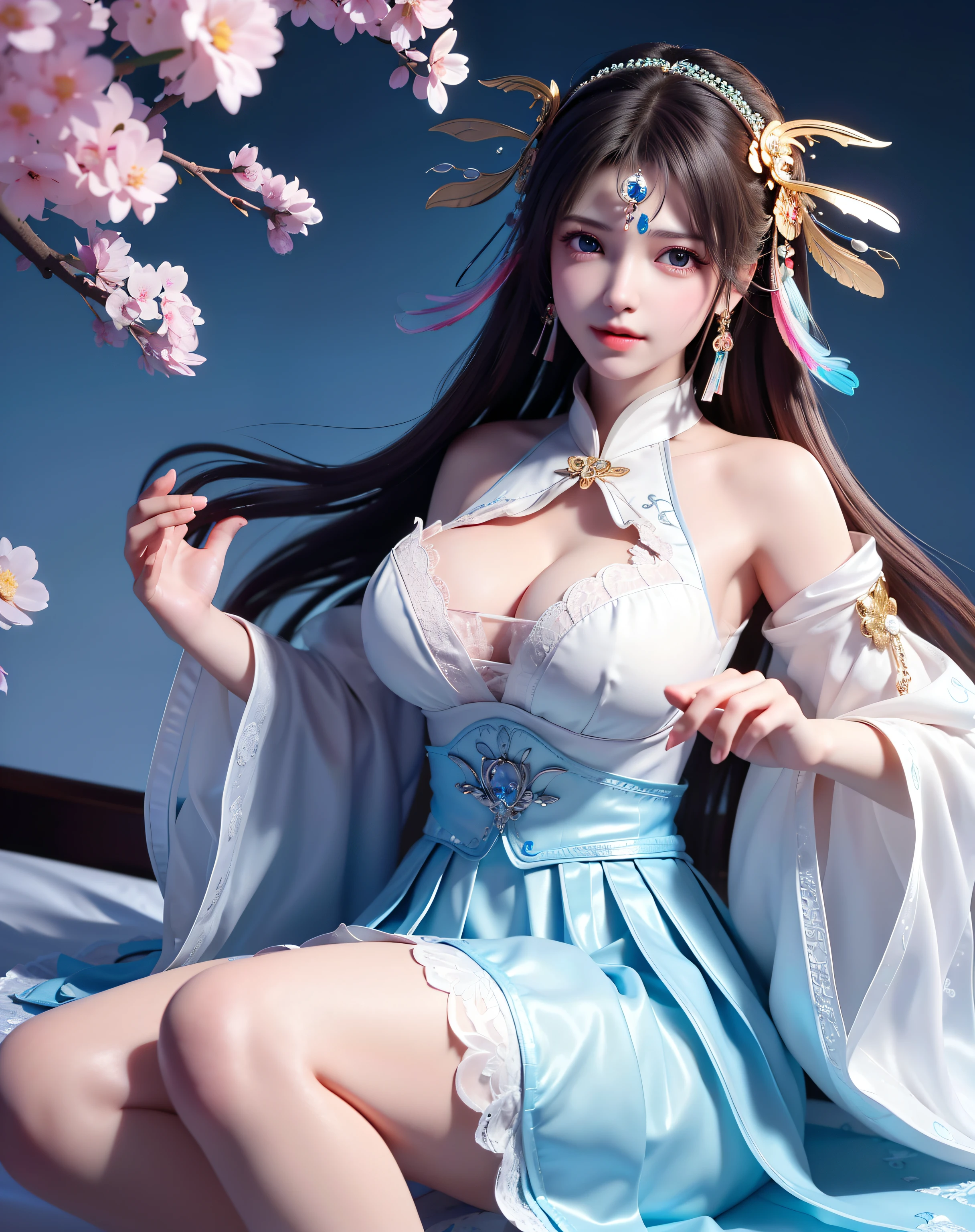 (8k, RAW photo:1.2), best quality, ultra high res,dramatic angle,(fluttered detailed color splashs), (illustration),(((1 girl))),(long hair),(rain:0.9), (Headdress:1.4),There is an ancient palace beside the girl,Hanfu,(Key Points),Color ink painting,(Splash of Color),Splash of Color,(((colorful))),(sketch:0.8) , Masterpiece, best quality, beautiful painted, highly detailed,(denoising:0.6),[splash ink],((ink refraction)), (beautiful detailed sky),moon,highly,detaild,(masterpiece, best quality, extremely detailed） CG Unity 8k Wallpaper，masterpiece，best quality，Ultra Detailed），（Lycoris）.shoulder ballet dress open V-chested clothes Thin silk lace dress short skirt , (huge ，cleavage),, white pink, blue ，best qualtiy，tmasterpiece，Ultra-high resolution，（Reality：1.4），RAW photogr，（True skin texture：1.3），（filmgrain：1.3），（Selfie angle），1个Giant Breast Girl，Beautiful eye and face details，tmasterpiece，Best quality at best，，The chest more exposed， detailed hair, bra pink , detail 8k, full body, lace petticoat, lying on bed