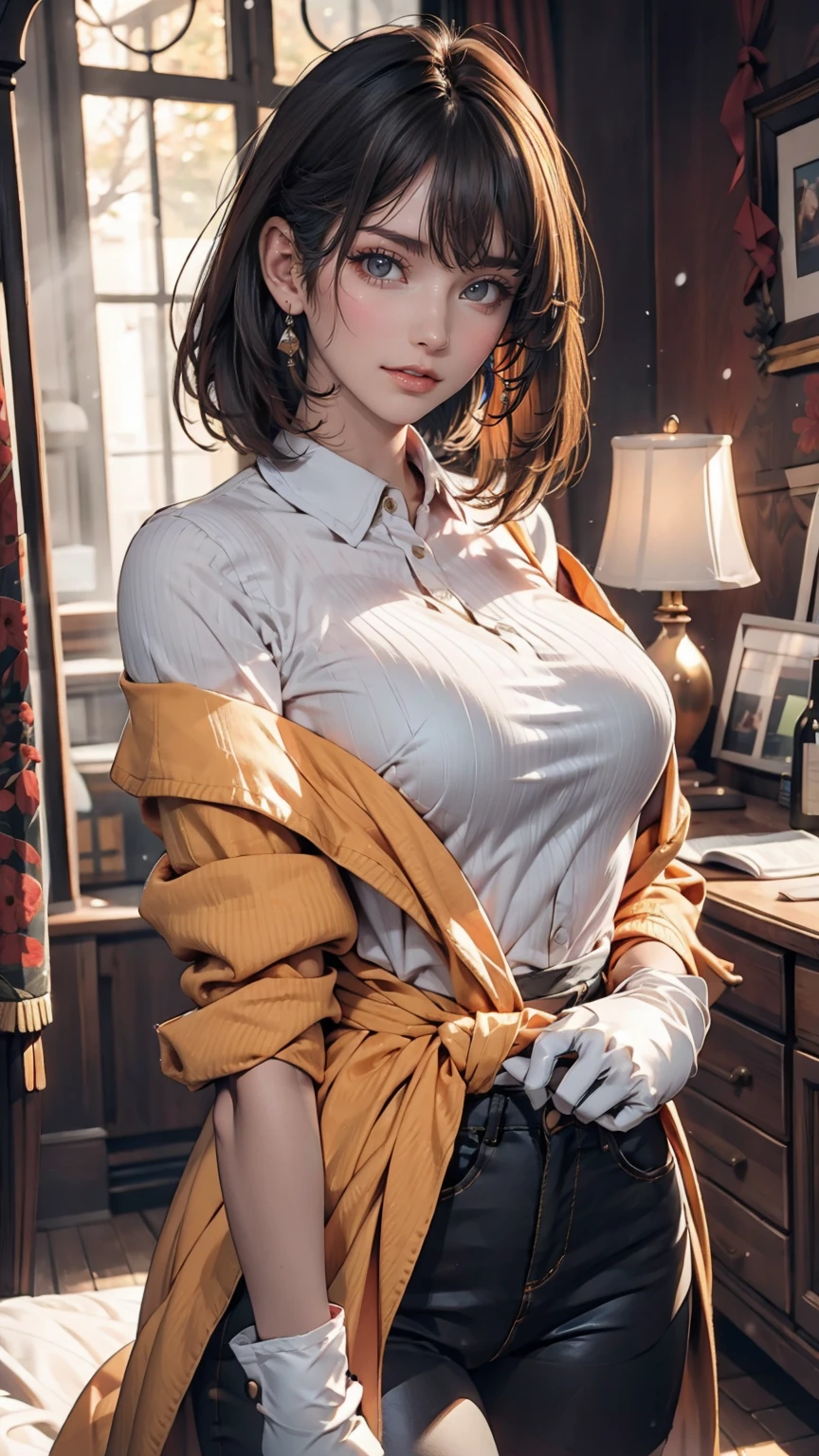 ((high-definition images, atmospheric perspective, 8k, super detail, accurate, best quality, single shot)), a women, casual dress, jacket, unbuttoned shirt, (eyes realistic sizing, drooping eyes, blush, smile), (((focus on pubic, shame play))), old storeroom, dusty and messy, braid, 