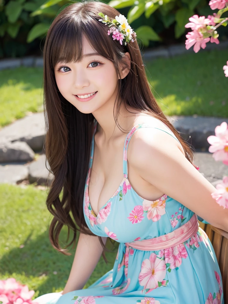 High resolution、Surrounded by colorful flowers、Japanese Girl、beautiful、Beauty、cute、Big eyes、long hair、The breasts are very large、Plain Dress、smile、Gal