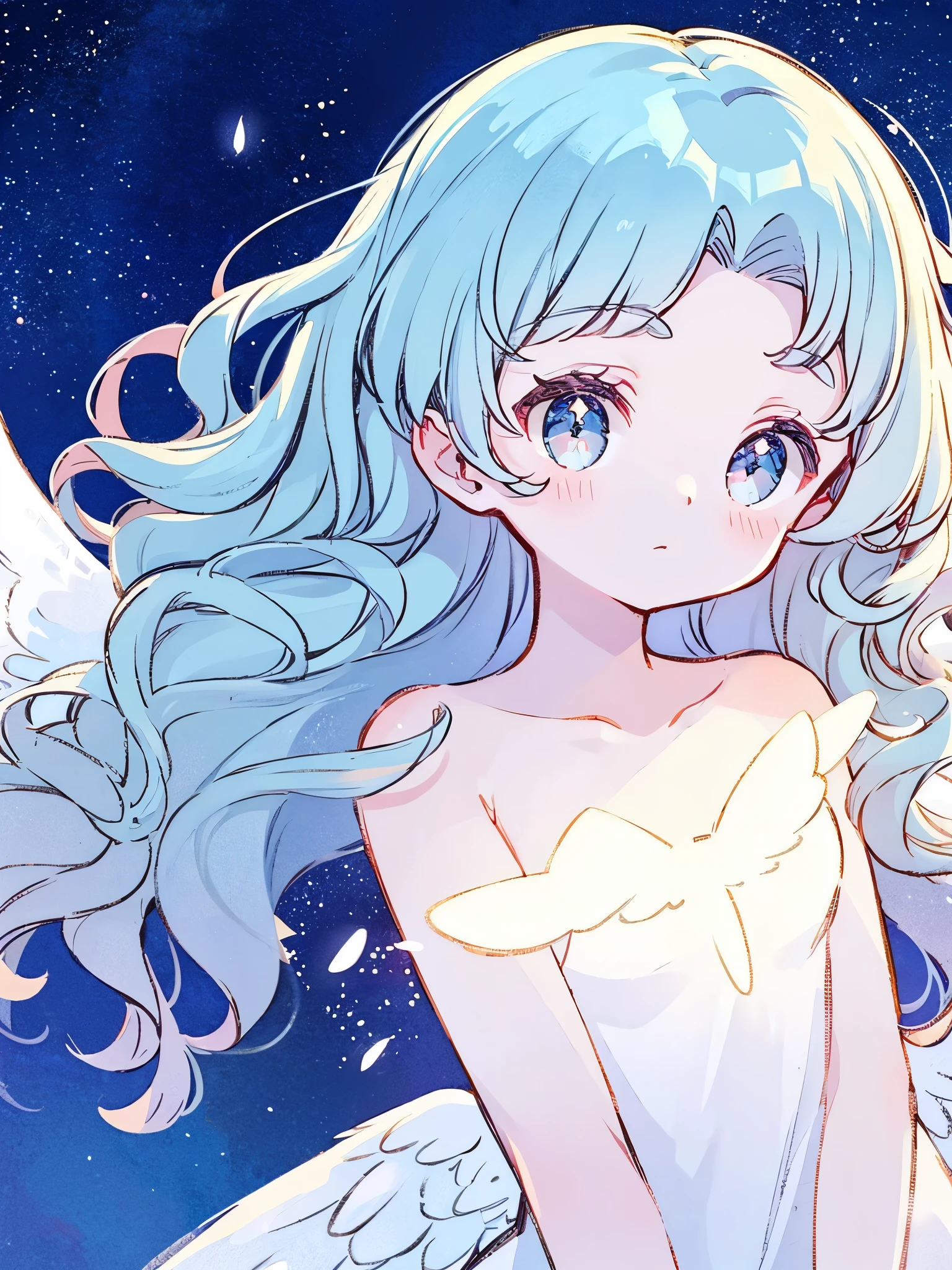 nude angel girl wearing an ethereal translucent dress, pale skin, ((blue mint wavy hair)), white feathers, angel wings, sparkling detailed eyes, golden ratio face, perfect composition, highly detailed, ethereal, (starry night sky background), midjourney style