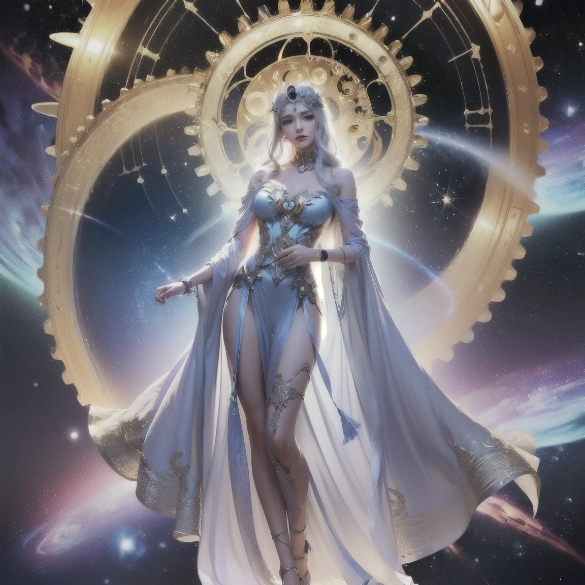 (Time Goddess:1.2) (ethereal presence:1.1) (flowing silver hair:1.1) (glowing blue eyes:1.1) (ancient clock motifs:1.2) (cosmic background:1.3) (golden gears and cogs:1.3) (shimmering robe:1.2) (celestial patterns:1.1) (delicate silver jewelry:1.1) (radiant in dark cosmos:1.4) (fantasy art:1.3) (hourglass in hand:1.3) (floating timepieces:1.3) (depth and dimension:1.3) (divine energy:1.2) (radiating wisdom and power:1.3) (hyper-realistic:1.2) (detailed textures:1.2) (exquisite lighting:1.2) (standing tall:1.3) (solemn and timeless:1.3) (full body height 2/3 of image:1.2)