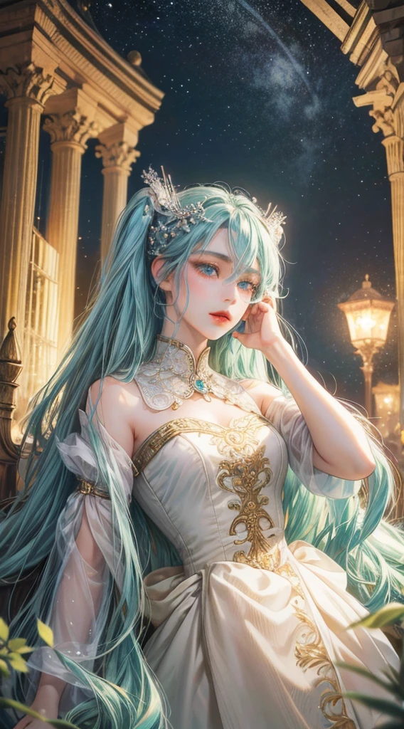 Absurdres masterpiece HDR high quality picture of Hatsune Miku, detailed face, detailed hair strands, beautiful face, simple pose, very long hair, ((random hair style:1 )) , anime eyes, light skin , 

Valkyrie outfit , detailed hair ornaments  , beautiful background, masterpiece scenery