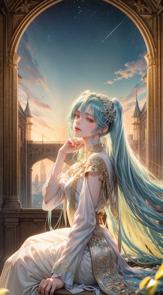 Absurdres masterpiece HDR high quality picture of Hatsune Miku, detailed face, detailed hair strands, beautiful face, simple pose, very long hair, ((random hair style:1 )) , anime eyes, light skin ,
Valkyrie outfit , detailed hair ornaments , beautiful background, masterpiece scenery