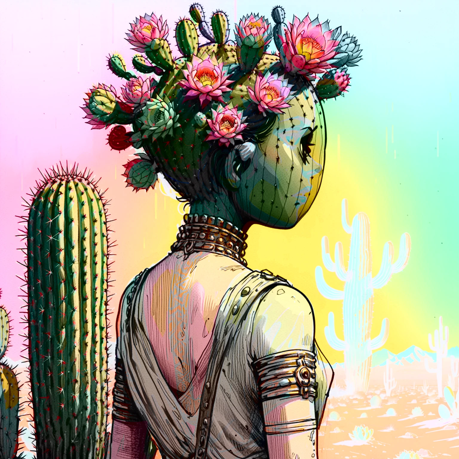illustrate cactus princess, film screengrab, minimal, serene, perfect, strange, candid, cinematic, surreal, anthropomorphic cactus princess with crown of ornate cactus flowers (ladyfingers and opuntia, vibrant), , realism, photographed, timeless, lost in space, liminal, blank canvas, abstract, nuanced, clearly cartoon distinct, An over the shoulder sketch in the style of Jamie Hewlett and Joelle Jones, with 90s comic aesthetics, expressive ink work, cinematic compositions, and nuanced details. Desert color scheme, 1990's animated tv show screengrab, uv light rays across face, VHS, glitch, distorted, nostalgia, 90's retro vibes, analog tape, vcr aesthetics, tv, television, comic 1990's, animated tv show screengrab, cinematic poster, image within image, multiple exposure, massive scale, rich color grading for shading depth, hand drawn rotoscope cartoon realism, chiaroscuro lighting, mixed media, vintage comic, retro original design, 1990's comic, sense of movement energy, rewilding, (full roygbiv color) ink charcoal expressive illustration,
