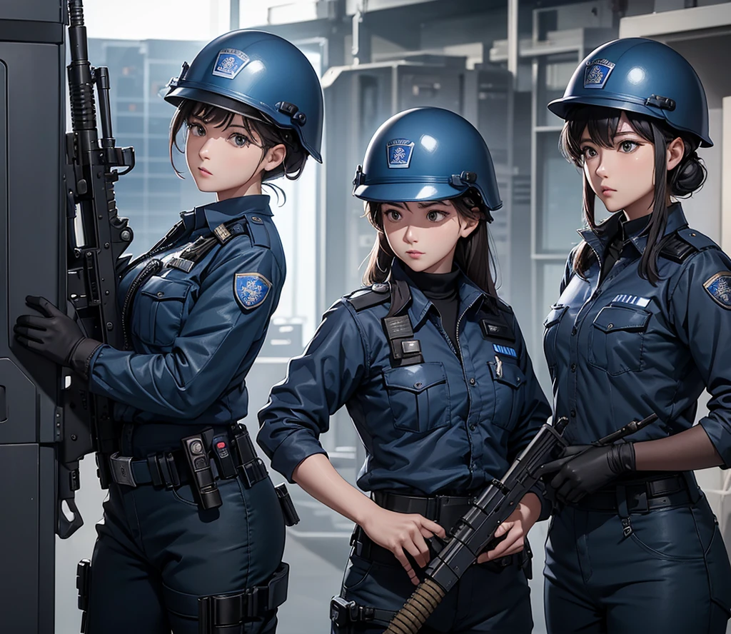 A group of female police officers all wearing blue police uniforms,Wear a steel helmet、Military Pants、Individual equipment set、Alert with guns、Write details、masterpiece、best quality、Highly detailed CG、8K picture quality