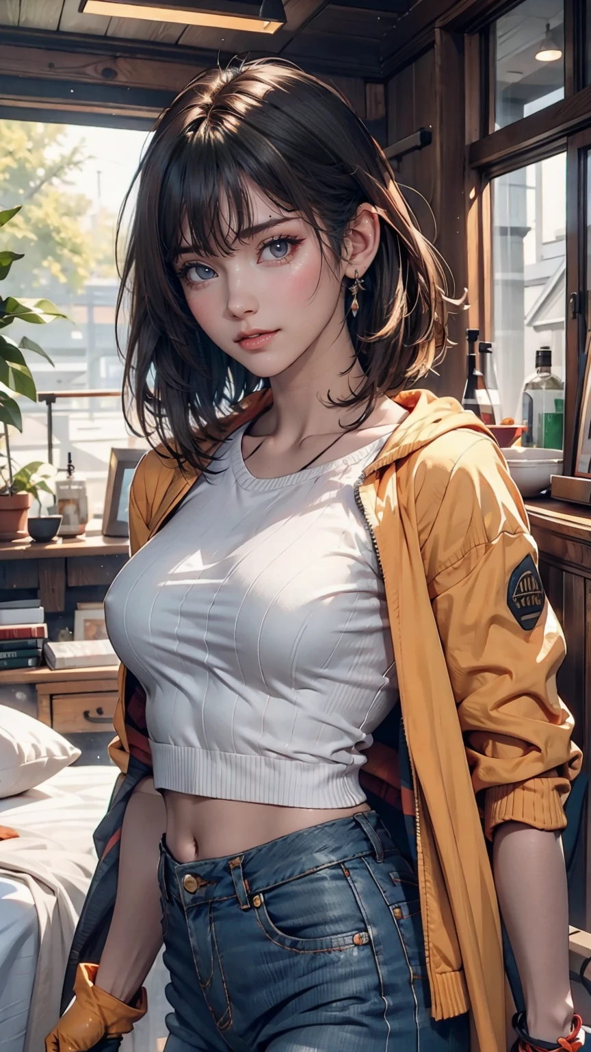 girl, Brown Hair, Bob Haircut, With bangs, A purple snow jacket with a green sweater inside, With hands together, A little serious expression, Big eyes, White gloves, blue eyes,Sexy proportionature female body、Narrow waist、Her hair color is a gradation from brown to orange.、Scrunchies on the wrist、Sexy proportions、