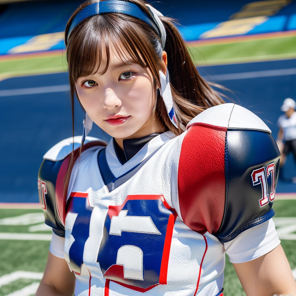 (masterpiece, ultra-detailed, ultra-realistic, best quality, clear focus, photorealistic), solo, 1 woman, (ultra-high resolution, 8k, 16k:1.3), (upper body:1.3), perfect anatomy, perfect face, (detailed face, detailed eye), (18 years old Japanese beautiful girl:1.3), professional American football player, a member of famous team, (wearing skin-tight colorful with cute American football uniform that all made of leather:1.3), very tight fitting leather, medium breasts, slim waist, very beautiful with very cute but cool boyish face, (Bad girl:1.1), cool girl atmosphere, makeup, (eyeliner:1.3), dynamic angle, dynamic pose, slender but muscular, very broad shoulders, running at American football stadium, shoulder focus