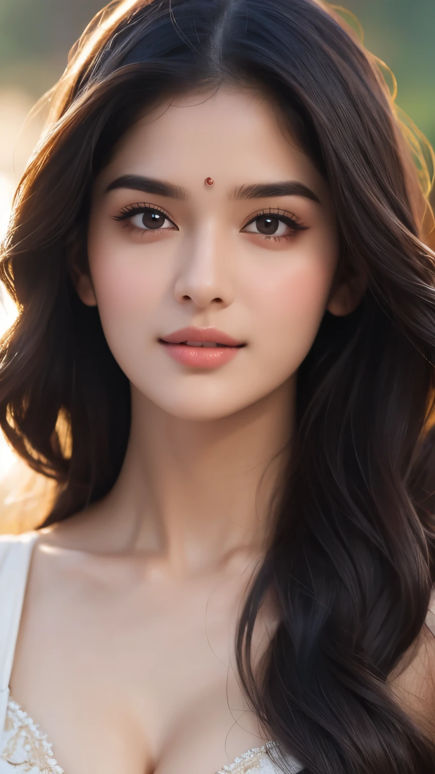 score_9, score8_up, (masterpiece1.5), (ultra realistic), (uhd:1.3), intricately detailed, raw photo, 16k, 32k, stunning beautiful cute young attractive girl indian, teenage girl,18 year old,cute, instagram model, detailed long black hair, very detailed and sharp facial features and expressions, very detailed and shinning glossy eyes, very detailed full glossy lips, very detailed shinning hairs, very detailed and perfect natural round medium breasts, hint of cleavage, detailed symmetrical perfect face, very detailed surrounding, perfect body anatomy, . Envision a Indian girl in a beautiful summer dress, her chest subtly emphasized, exuding confidence and grace, textures and delicate patterns