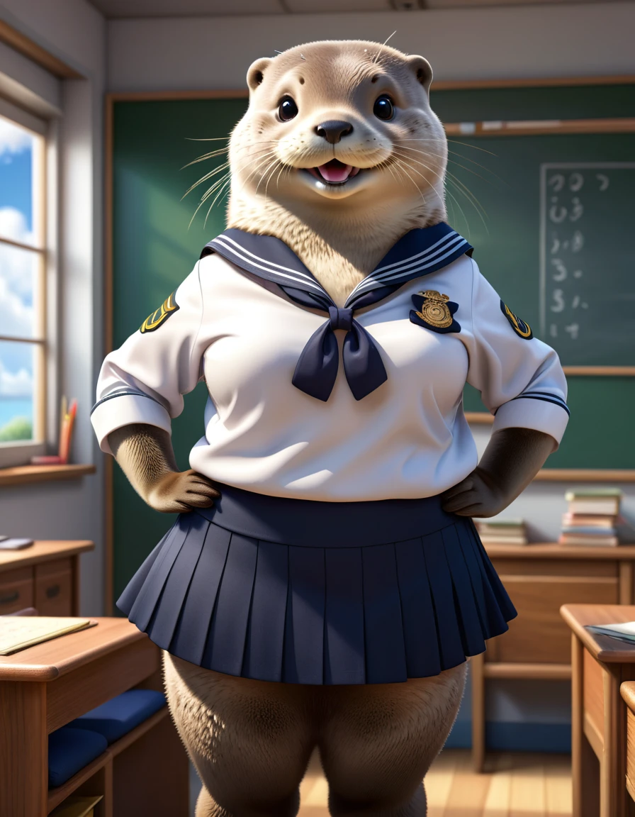 photorealistic portrait of Dressed animals-a ((fat)) ((otter)) student,(furry), (elegant pose:1.5), (hands on hips:1.5),(smile:1.5),high quality,(),(lovely) ,intricate details, Wearing Japanese sailor uniform , (short skirt), highly detailed ((female sailor uniform)) ,highly detailed clothes, high sox , (happy), soft lighting,(full body image:2.0),in classroom background,clouds,score_9, score_8_up, score_7_up, score_6_up, score_5_up, score_4_up,