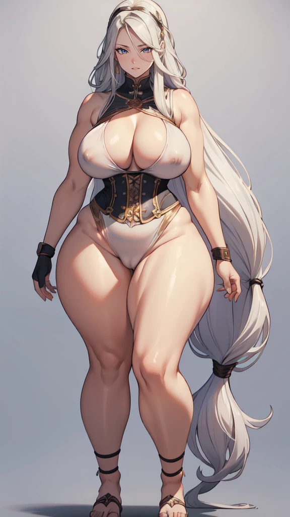(masterpiece), best quality, female warrior, huge girl, female muscular:1.2, ((long hair:1.6)), (silver hair), big breast, (curvy:1.7), (((blank background))), ((full body)), fingerless gloves, sandals, sleeveless, covered nipples, detailed dress, ((straight hair:1.5)), (very thin hair:1.5), ((camel toe)), corset, bare legs 