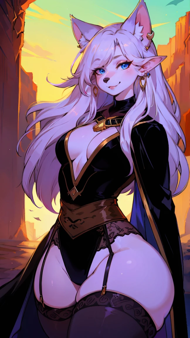 Small animals_ear,Become a,Lovely,hairy_girl,Wolf_girl,The graceful figure,Height 193 cm,Model figure_type,detailed_Eye,silver_hair,Lovely_ear,Wolf_ear,Black robe,leggings,Fluffy_Fur,earrings,Upper Body,Garter,颈Garter,(perfect detailed Eye:1.5),Jewelry, blank Eye,brooch,Smile,(front:1.5),(hairy:1.5),Long eyelashes,Flowing chiffon,Well-proportioned body,(Thick thighs:1.1),Perfectly detailed facial features,(perfect detailed Eye:1.5),silky long hair,masterpiece, best quality, Ultra-high quality, Ridiculous details,(best quality,4K,8K,high resolution,masterpiece:1.2),ultra-detailed,(Desert Princess:1.2),