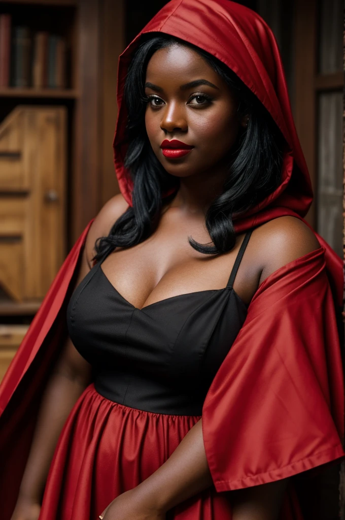 masterpiece, best quality, expressive eyes, perfect face, large breast, big breast, small waist, perfect figure, highly detailed, showing cleavage, full body portrait, dressed as little red riding hood, red hood, black corset dress, pleated red short skirt, black stockings, large nipples, wearing garters, fishnet stockings, white panty, white thong, holding a basket, black girl, dark skin girl, showing her breasts, large nipple, large areola, camel toe exposed, standing in the woods, next to a tree, short black hair