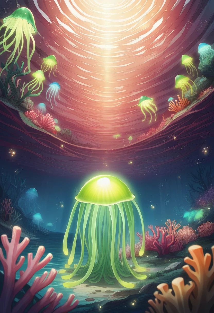 masterpiece, Highest quality, (Very detailed CG Unity 8k 壁紙), (Highest quality), (Best illustrations), (Best Shadow), Marine theme with natural elements. Tall mangrove, rich Seaweed, Luminous jellyfish, Surrounded by schools of fish, Luminous particle effect,, (Seaweed), (Ocean Theme), ((Glowing Algae)), (Coral), ((Luminous jellyfish )), ((Glowing creatures in seawater)), ((Seafire)), (((particles effect))), Isometric 3D, Octane Rendering, Ray Tracing, Very detailed