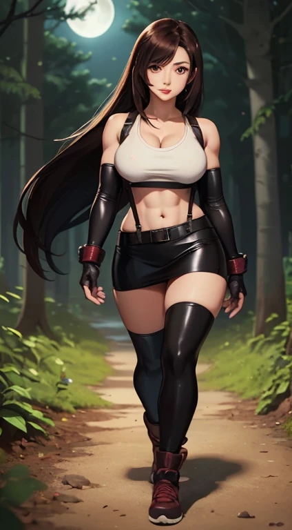 (((Full and soft breasts,)))(((Huge breasts))) (((Cleavage)))masterpiece, best quality, Tifa Lockhart, Final Fantasy VII, 1 Girl, Anime style, cell-shaded, Black long hair, Reddish brown iris, Medium breasts, Small waist, Perfect body, Athlete physique, Very detailed, Expressive eyes, Perfect face, White cropped top, cleveage, Elbow pads, Fingerless gloves, Suspenders, Black leather miniskirt, Looking at the audience, walk, front Photo, (background: outdoor, In the woods, night, Moonlight shining on the forest floor)
