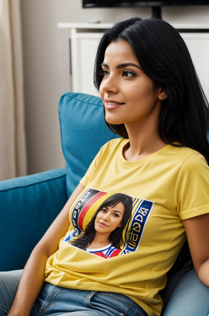 Woman with Colombia t-shirt watching tv with black hair with name MAYTER on the back