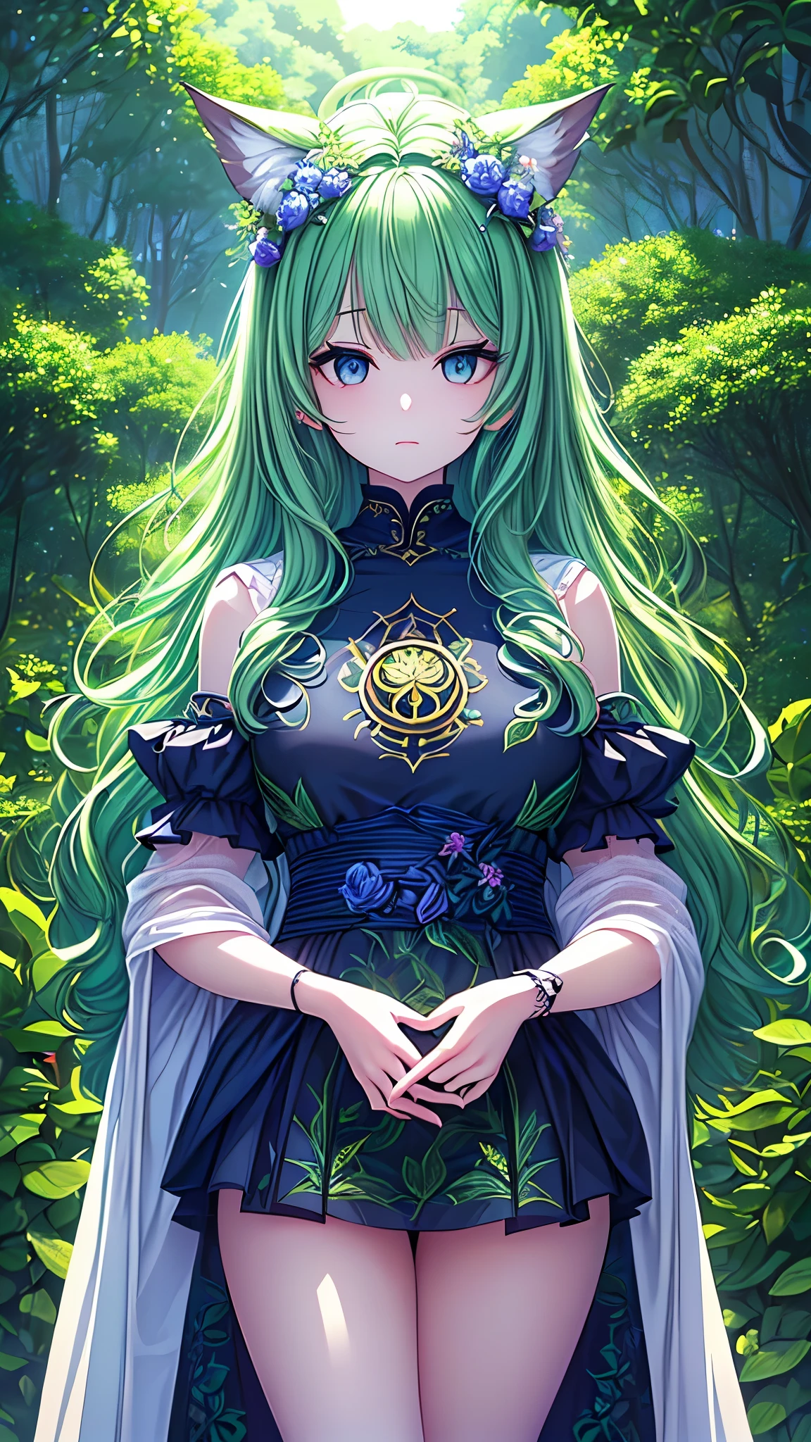 ((best quality)), ((masterpiece)), (detailed), une fille, visage parfait, Longhaire, ((golden hair)), curly hair, decorated cheveux, ultramarine blue eyes,(
Name: Midori Hana
Element: VERDANTHIA
Description: A serene and graceful guardian of the forest. Possessing the ability to speak to plants and animals, Midori Hana is deeply connected to nature. With her calming presence, she brings balance to the verdant realm.
Prompt: ((((Bellasera, La plus belle nature, ultra haute résolution)))), 1girl, standing, (long, wavy, green hair), ((pale skin)), ((emerald eyes)), ((glowing_eyes)), (((ultra detailed eyes:0.7, beautiful and detailed face, detailed eyes:0.9))), ((centered)), (wide shot), facing viewer, (((outdoors, lush forest, sunbeams filtering through leaves:0.9))), small breasts, looking at viewer, ((closed eyes, slightly parted)), ((perfect hands, adorned with intricate leaf designs)), (((head:1, arms, hips in view, elbows, thighs, in view))), ((hands at sides, adorned with vines and flowers)), ((expressive, animated eyes)), beautiful lighting, outside, lush forest, background, ((defined subject)), 24 years old, ((pensive expression)), (((earthy, nurturing)))
)