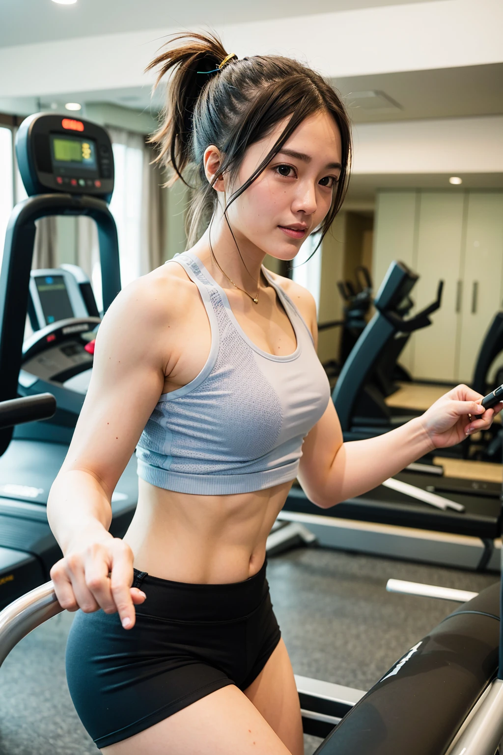 Top quality, 1 beautiful woman, super short Hair, gold hair, shy smile, wearing sports wear, in the hotel’s state-of-the-art fitness center, a woman wearing sleek workout gear captures a mirror selfie. Her expression is focused and determined, showcasing her dedication to maintaining her fitness routine even while traveling. The modern, well-equipped background with treadmills and weights emphasizes her active lifestyle and the luxurious amenities offered by the hotel
