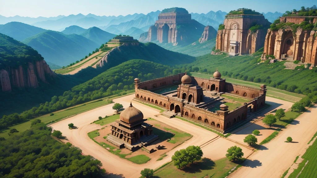 Beautiful scenery of ancient Indian village. Aerial view, Photorealistic photos, High definition.
