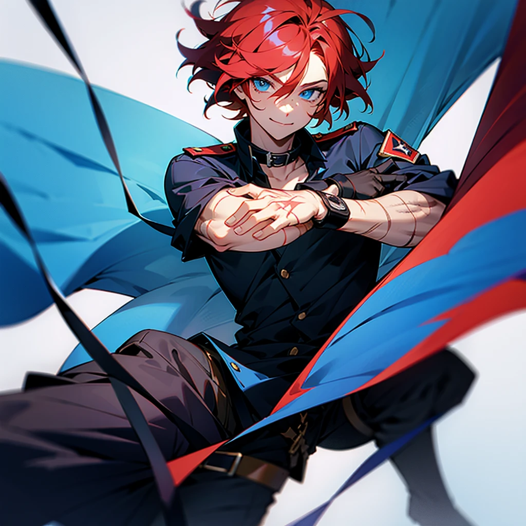 make a male character design, redhead, messy hair, blue eyes, freckles, military pants, black shirt, silver collar, scars, black boots, flirty smile