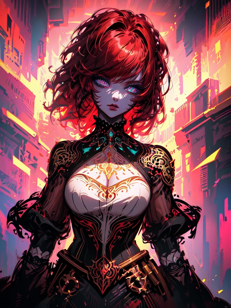 Red hair color,(masterpiece, best quality),(1 lady),(solo),(artstation),(dynamic),(charming),(magical),(unreal engine),(fantastically beautiful),(illustration),(dramatic lighting),(rave background),(neon glow),(maximalist),(extremely detailed eyes and face),(long eyelashes),(intricate details),(vibrant colors),(cinematic lighting),(fantasy portrait)