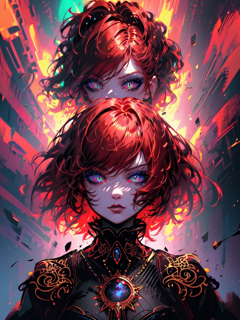 Red hair color,(masterpiece, best quality),(1 lady),(solo),(artstation),(dynamic),(charming),(magical),(unreal engine),(fantastically beautiful),(illustration),(dramatic lighting),(rave background),(neon glow),(maximalist),(extremely detailed eyes and face),(long eyelashes),(intricate details),(vibrant colors),(cinematic lighting),(fantasy portrait)