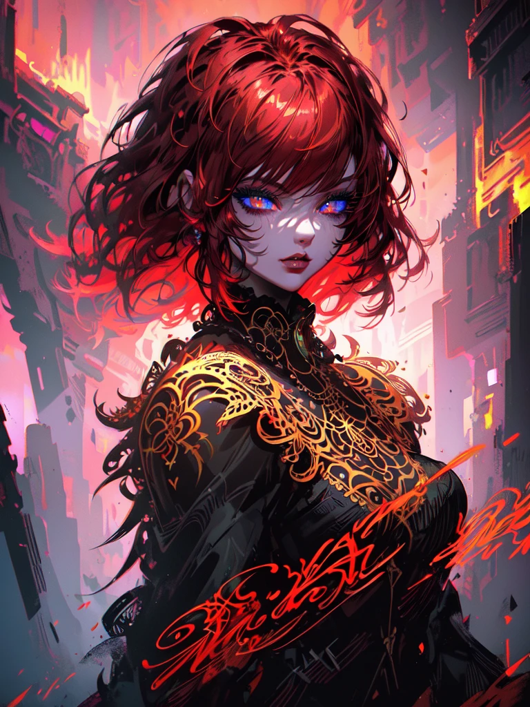 Red hair color,(masterpiece, best quality),(1 lady),(solo),(artstation),(dynamic),(charming),(magical),(unreal engine),(fantastically beautiful),(illustration),(dramatic lighting),(rave background),(neon glow),(maximalist),(extremely detailed eyes and face),(long eyelashes),(intricate details),(vibrant colors),(cinematic lighting),(fantasy portrait)