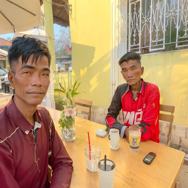 two men sitting at a table with drinks and a cell phone, morning time, late morning, evening time, wpol and sarasti, morning shot, patiphan sottiwilaiphong, barabas miklos and hollosy simon, during dawn, in the early morning, taken in the early 2020s