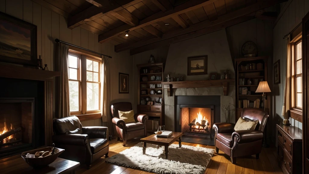 Describes a comfortable indoor atmosphere at night or late at night. Large window overlooking the forest, A roaring fire is burning brightly in the fireplace, Illuminate part of the room、Cast a shadow on other parts.Dim lighting, Dark cinema lighting, Hut in the forest, Rain at night, Atmospheric Rendering, in a cabin, Rendered scene, Dark Scene, 薄Dark Scene, Armchair near the fireplace; Looks attractive and comfortable. A blanket casually draped over one side. Outside the big window, Rain was pouring down, wood々Cover、It created a monsoon wonderland that contrasted with the warmth inside.. A shelf filled with various items can be seen next to the fireplace, giving this living room character.