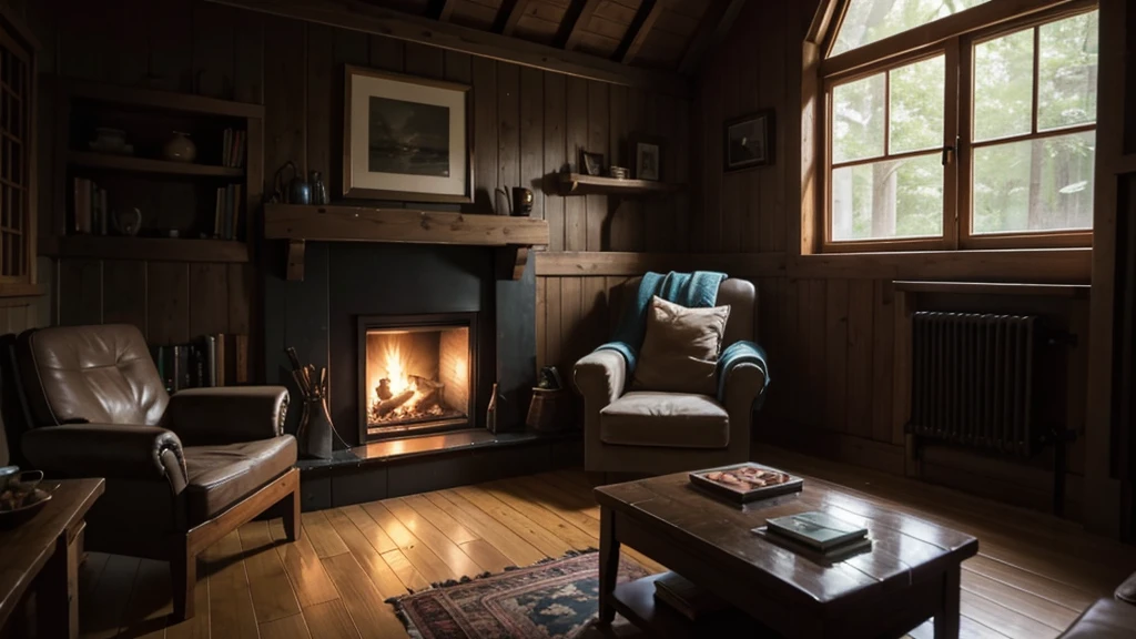 Describes a comfortable indoor atmosphere at night or late at night. Large window overlooking the forest, A roaring fire is burning brightly in the fireplace, Illuminate part of the room、Cast a shadow on other parts.Dim lighting, Dark cinema lighting, Hut in the forest, Rain at night, Atmospheric Rendering, in a cabin, Rendered scene, Dark Scene, 薄Dark Scene, Armchair near the fireplace; Looks attractive and comfortable. A blanket casually draped over one side. Outside the big window, Rain was pouring down, wood々Cover、It created a monsoon wonderland that contrasted with the warmth inside.. A shelf filled with various items can be seen next to the fireplace, giving this living room character.