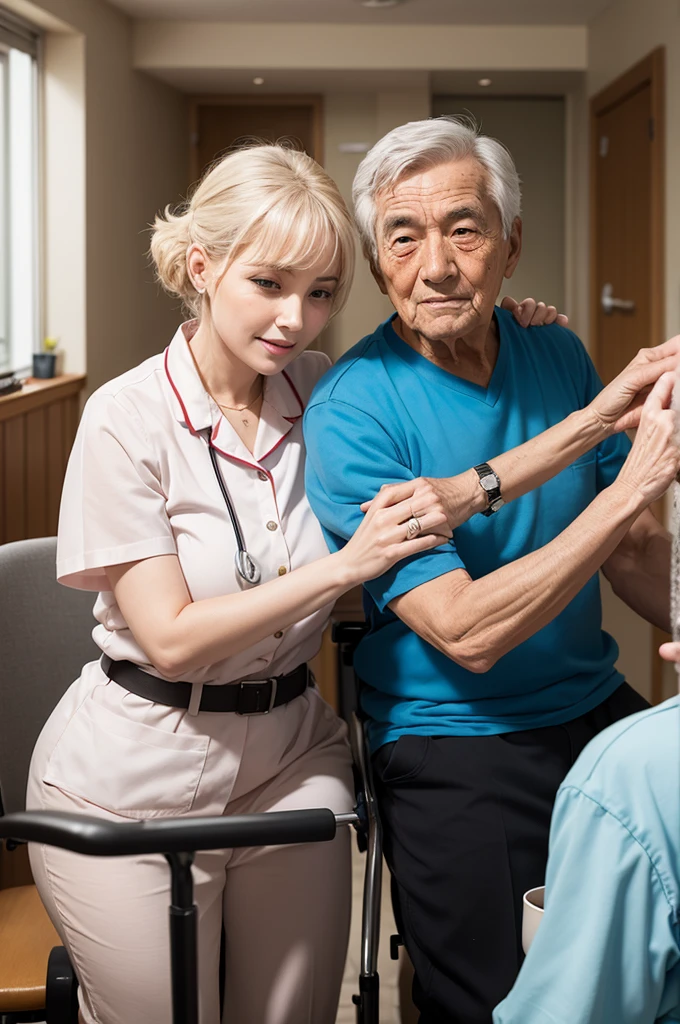 Man and Woman taking care of elderly people in nursing home