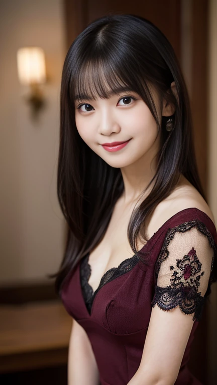 masterpiece, 最high quality, figure, Super detailed, Fine details, High resolution, 8K TV Wallpaper, Perfect dynamic composition, Beautiful detailed eyes,D cup breasts, Natural color lip, Bold sexy pose,はにかんだsmile、20 year old Japanese female idol、cute、See through, Sexy clothes black lace,
pantyhose,
((Burgundy Dress)),
Black Hair,
(Diagonal bangs),
Half Up,
Long Hair,
View your viewers,
beauty,
(smile),
優しいsmile,Friendly ,
teeth,
Shiny skin,
((front)),
antique,
Dramatic Light,
Blurred Background,
Happy,
antique,
Dramatic Light,
Blurred Background,
high quality,
detailed,