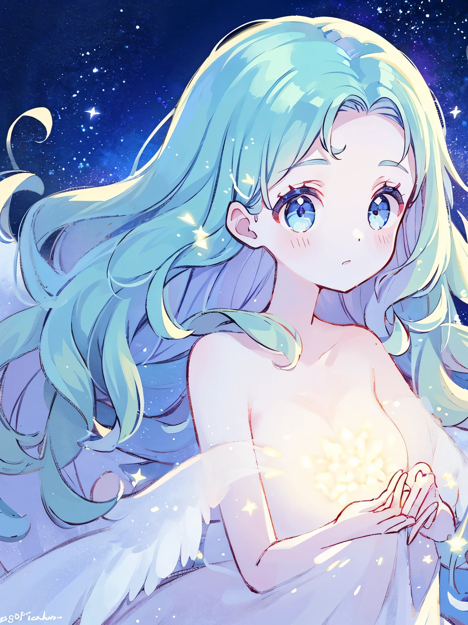 nude angel girl wearing an ethereal translucent dress, pale skin, ((blue mint wavy hair)), white feathers, angel wings, sparkling detailed eyes, golden ratio face, perfect composition, highly detailed, ethereal, (starry night sky background), midjourney style