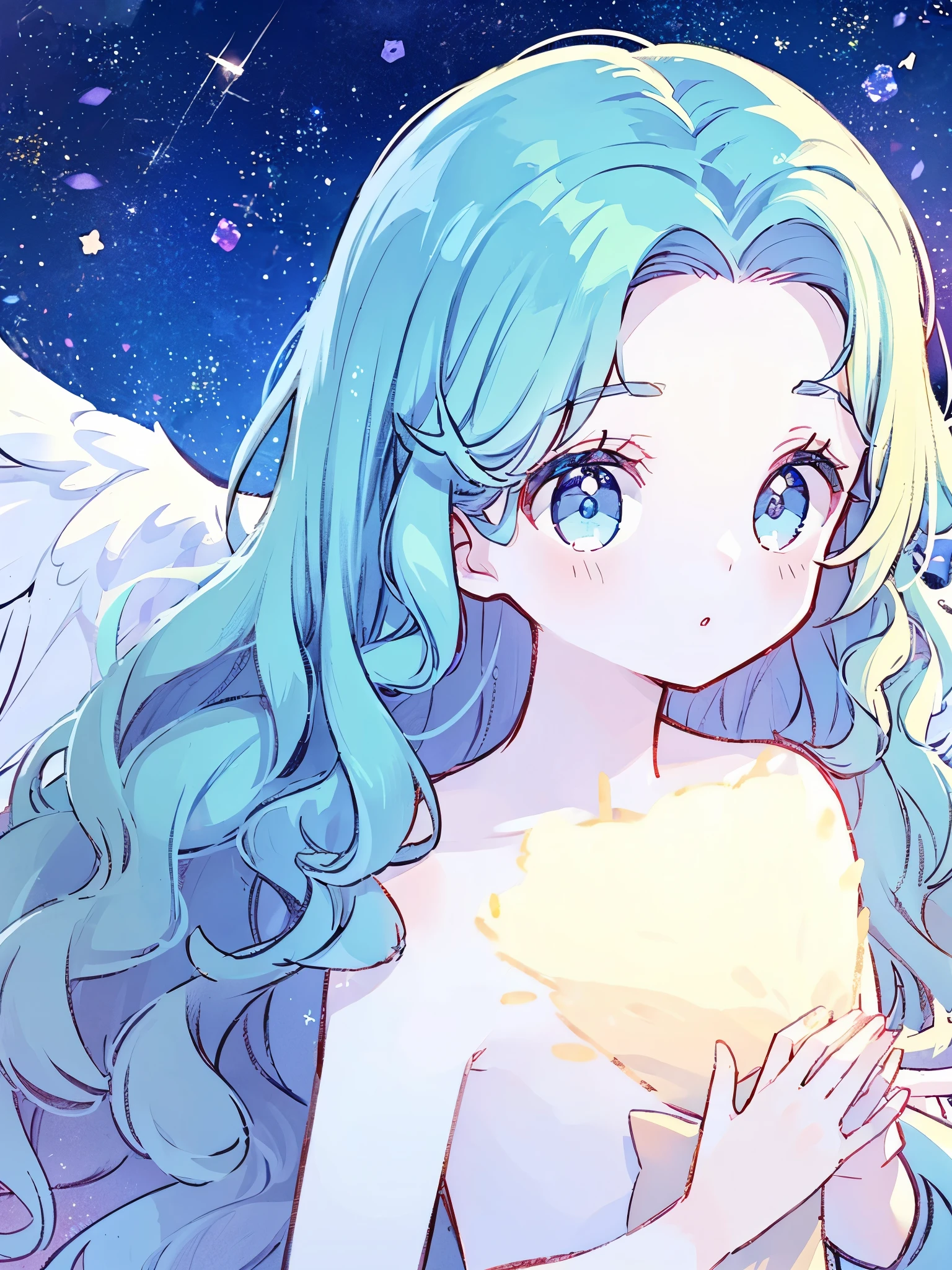 nude angel girl wearing an ethereal translucent dress, pale skin, ((blue mint wavy hair)), white feathers, angel wings, sparkling detailed eyes, golden ratio face, perfect composition, highly detailed, ethereal, (starry night sky background), midjourney style