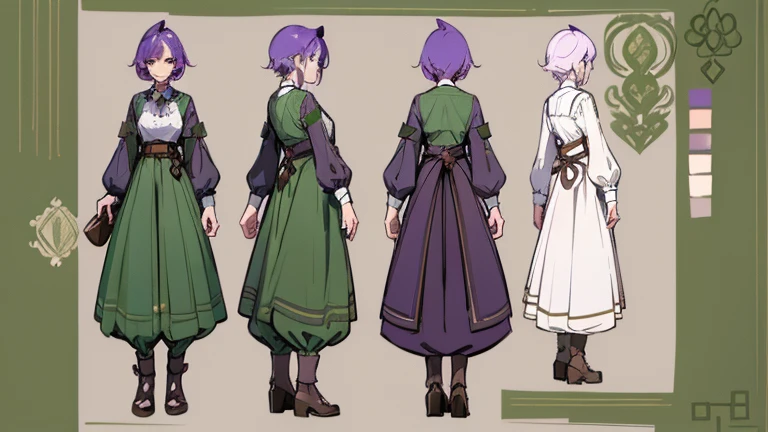 (Masterpiece, best quality), detailed, 1 gardener woman, ((character concept art)), ((character design sheet, reference sheet, same character, front, side, back)), full body, body complete, 1 gardener female, 1 gardener women. Character design sheet full body, Highly detailed, character sheet, character design, Many parts, pale skin, green eyes, short purple hair, male hairstyle, short male hair, lavender flower, lavender flower reference, lavender flower character reference, lavender flower inspired, flat chest, pants, Ecofashion, Ecopunk, Ecology, Earthy clothing, gardening clothing, gardening, garden, Solarpunk, Solarpunk reference, Solarpunk inspired, cottagecore aesthetic, cottagecore, pants, gold details, pastel purple, green and brown color palette for the clothes.