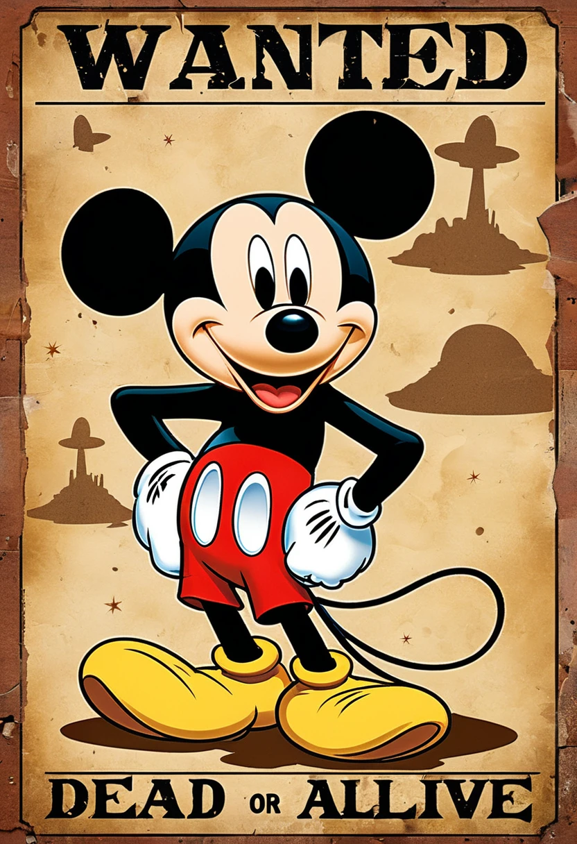 "Mickey Mouse is depicted on the wanted poster. The background is a desert wasteland and the paper is weathered. The words 'DEAD OR ALIVE' stand out, and Mickey Mouse has a rather serious expression."