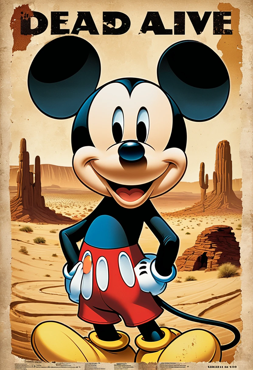 "Mickey Mouse is depicted on the wanted poster. The background is a desert wasteland and the paper is weathered. The words 'DEAD OR ALIVE' stand out, and Mickey Mouse has a rather serious expression."