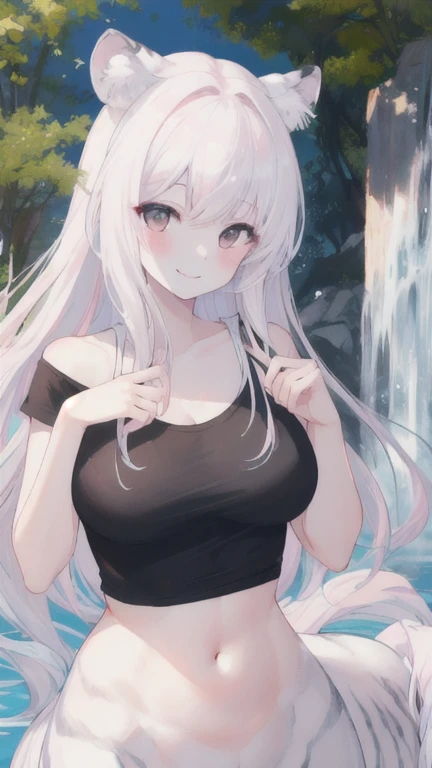 (best quality, masterpiece), 1 girl, centaur, It takes, White skin, Korean ,daughter,black pink,Smiling, exposing the abdomen, belly button t-shirt , 아름다운 소녀 Perfect wild white tiger photo, Perfect wild white tiger photo