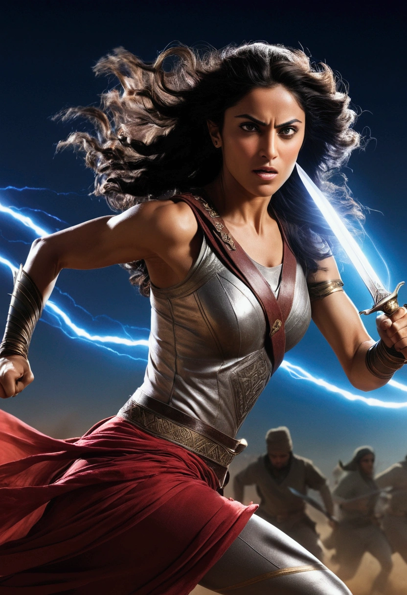 a close up of Princess of Persia on a battlefield with a dagger in hand, light trail behind her, sprinting, athlete photography, hyperspeed, tracers, athletic body, cover shot, dynamic active stabbing pose, high-speed sports photography,  light speed, high speed motion, dynamic movie still, sport photography, movie promotional image, energy pulsing realistic, detailed, 4k
