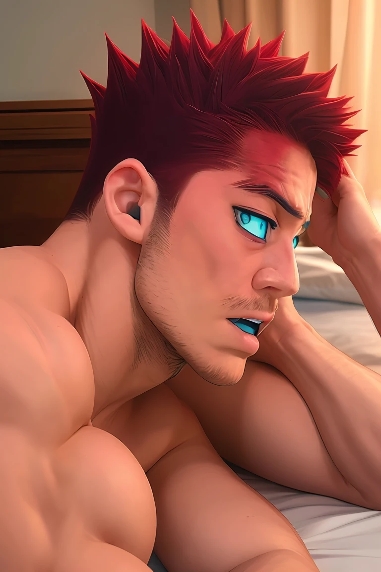 Enji, naked, muscular, sensual, masculine, red hair, blue eyes, scare in his face, laying on the bed