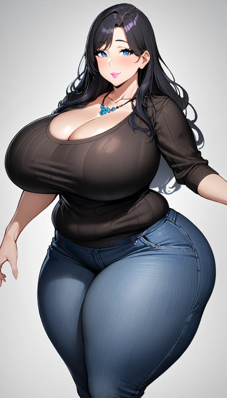 1girl,solo,Mature Woman,Black Hair,long hair,blue eyes color,pink lip,mother,gentle,kind face,Super huge breasts,Flabby thighs,Black knit with vertical lines accentuating the lines of the body,jeans that accentuate the body's curves,necklace,standing up,Looking at this,Inclusive,White background,