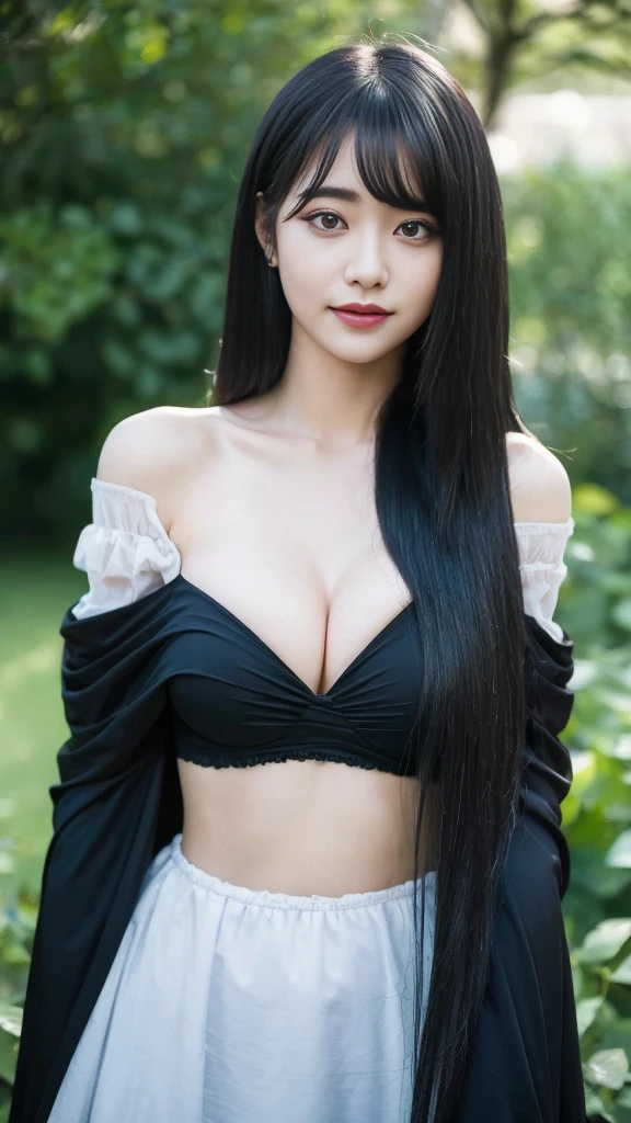 ((best quality, 8k, Masterpiece: 1.3)), 1 girl, Beautiful figure, slim stomach.: 1.3, (long black hairstyle,messy hair, big breasts: 1.4), Kawaii style , Blue off shoulder dress,bright eyes, happy smile, smile, There is a see-through cloak., Off-the-shoulder shirt, Show off your abdominal muscles , Very smooth face, Sexy posted, delicate eyes, Double eyelids,on the rose Garden,Raise your hair,sleepy eyes,moon Gothic suit ,bokeh