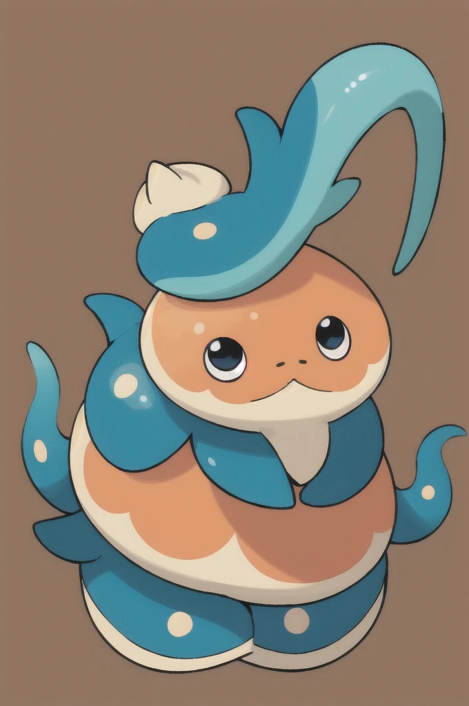 Pokémon-style anime illustration of a creature inspired by the flapjack octopus (Opisthoteuthis depressa). Chibi art style with a round, flattened body resembling a gelatinous pancake. Large, adorable eyes taking up much of its face. Soft pink to light orange coloration. Short, stubby tentacles around its body's circumference, each ending in a small suction cup. Two slightly larger fins on either side of its body, used for swimming. A cute, gentle expression. The body has a slightly translucent quality, giving it a delicate appearance. Small dots or patterns on its body reminiscent of bioluminescent spots. The creature appears to be floating gracefully in a water-like environment.