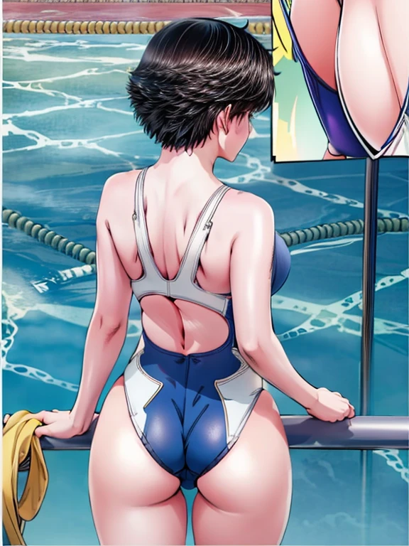 A boyish, short-haired, busty, beautiful-legged woman is standing by the pool in a competitive swimsuit.。Angle from behind。Being photographed by a middle-aged male teacher。
