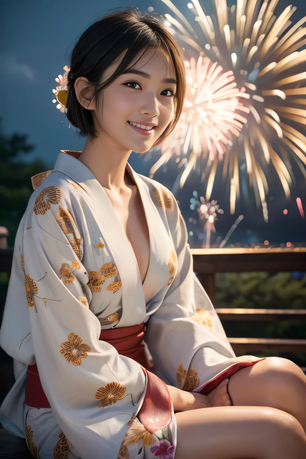 masterpiece, best quality, ultra quality, high quality, realistic, photo realistic, warm lighting,natural lighting,cinematic lighting,RAW photo, hyper detailed, intricate detailed, perfect anatomy, Fujifilm XT3,(cowboy shot),1 woman, Japanese beautiful woman,babyface,(brown very short Bobcut hairy over one eye,
((wearing flower patterned yukata, obi)),(small breasts:1.2),(slender body:1.2),sweaty, closed mouth, tan skin,sunburn tanline,smile,brown eyes,looking at viewer,(park),(night),((fireworks)), (medium shot),from head to knee shot,